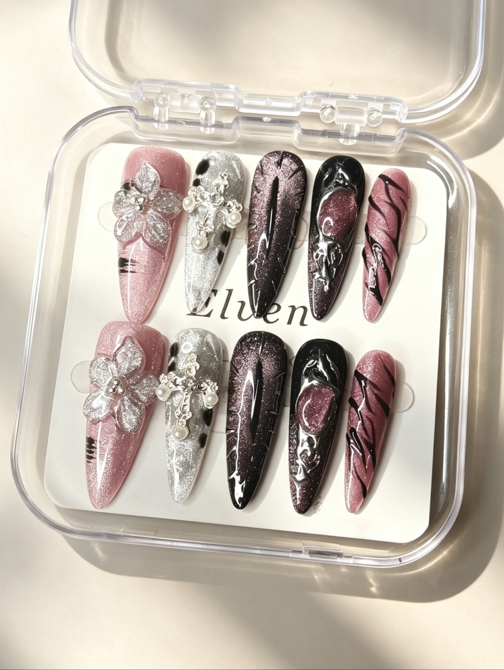 Pink & Black Gothic Stiletto Press On Nails Featuring Evil Eye, Cross & Floral